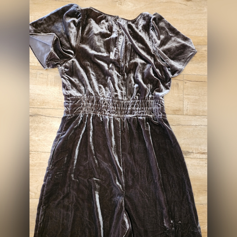 $188 Anthropologie Somerset Jumpsuit Velvet Short Sleeve Wide Leg Brown Gold M - Picture 10 of 11